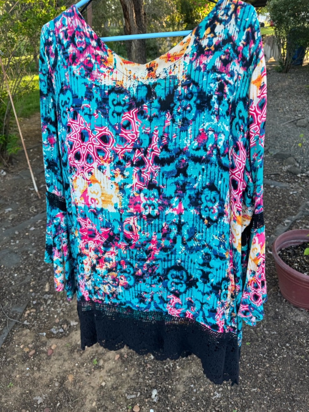 Women's Coloful V-Neck Bohemian Tunic with Black Crochet Trim